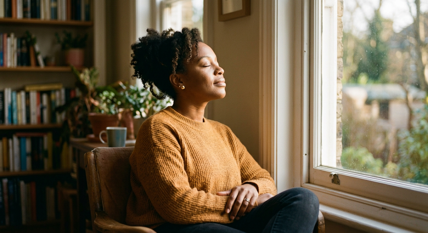 A woman sitting by a window in soft morning light, eyes closed, expression of quiet strength and peace — representing the woman who is still standing after loss.
