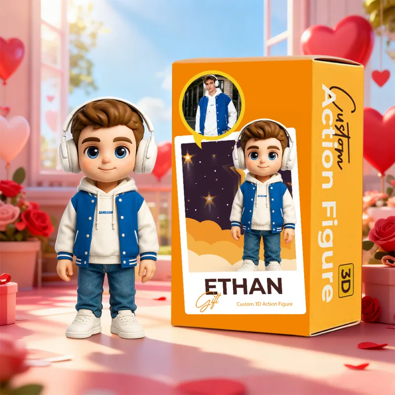 Personalized 3D action figure created from a photo and displayed beside its custom presentation box