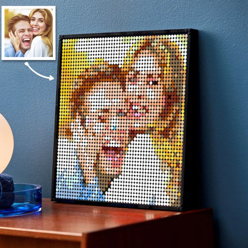 Custom photo mosaic pixel picture frame turning a couple portrait into colorful wall art
