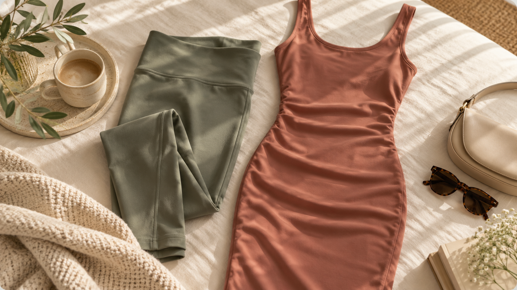 Sage leggings and a terracotta fitted dress arranged on a cream bed