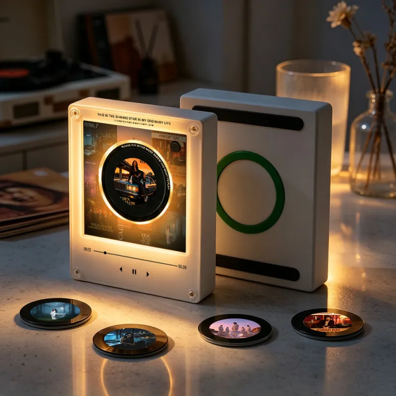 Custom mini vinyl record music player glowing in a warm lifestyle setting with interchangeable magnetic song discs
