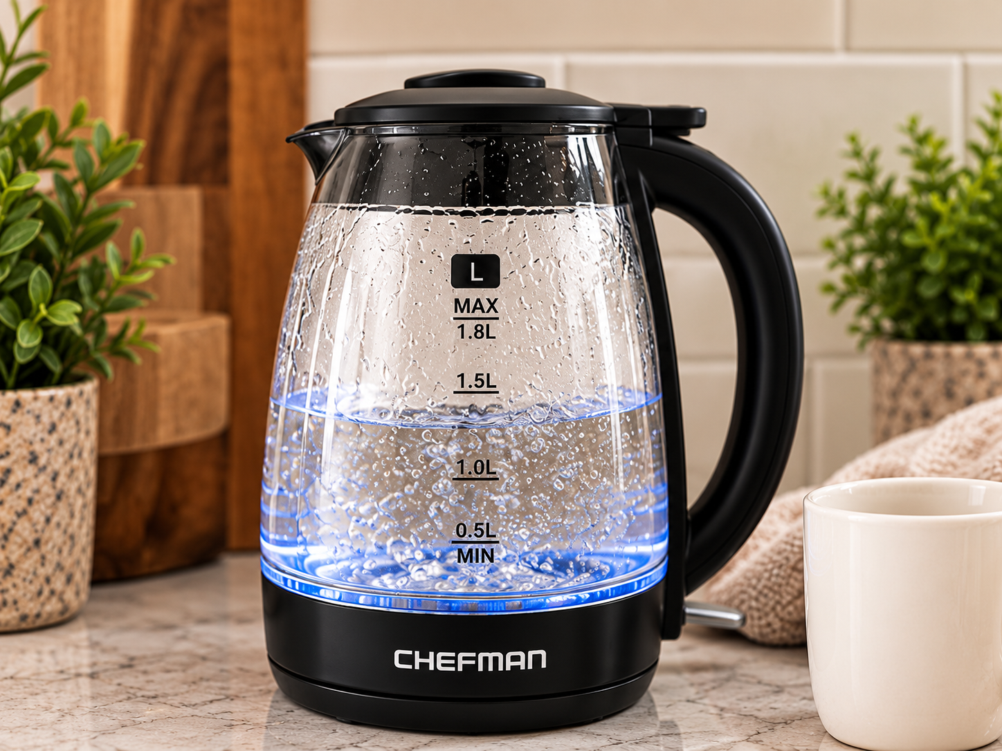 Chefman electric kettle used daily for tea and French press coffee