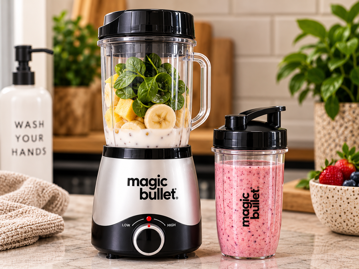 Magic Bullet blender used for protein shakes, smoothies, hummus and sauces