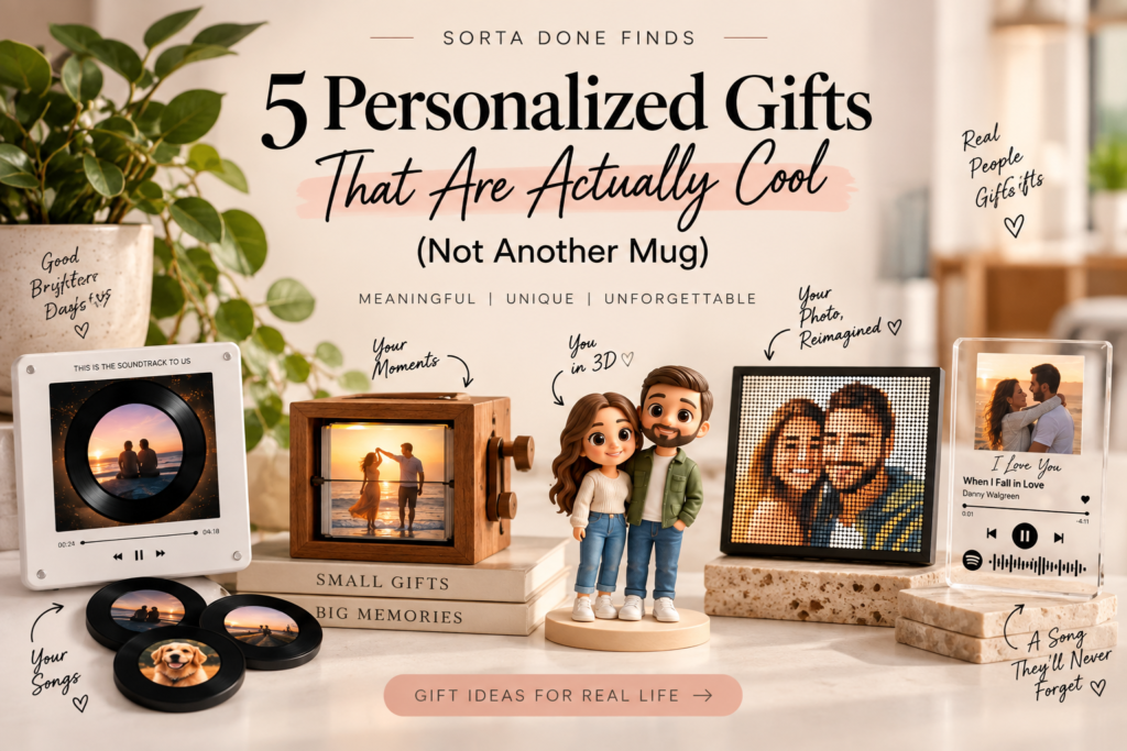 Five unique personalized gift ideas including custom music, photo and memory gifts featured by Sorta Done Finds.